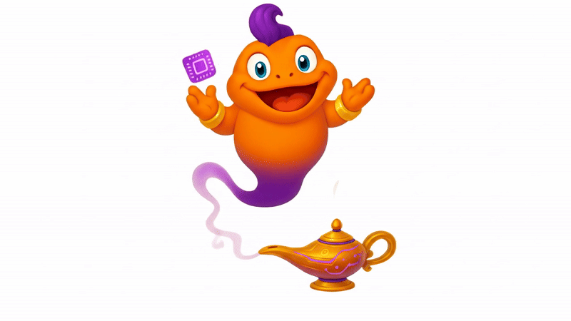 The Tech Plan Genie mascot, an orange genie character floating above a magic lamp.
