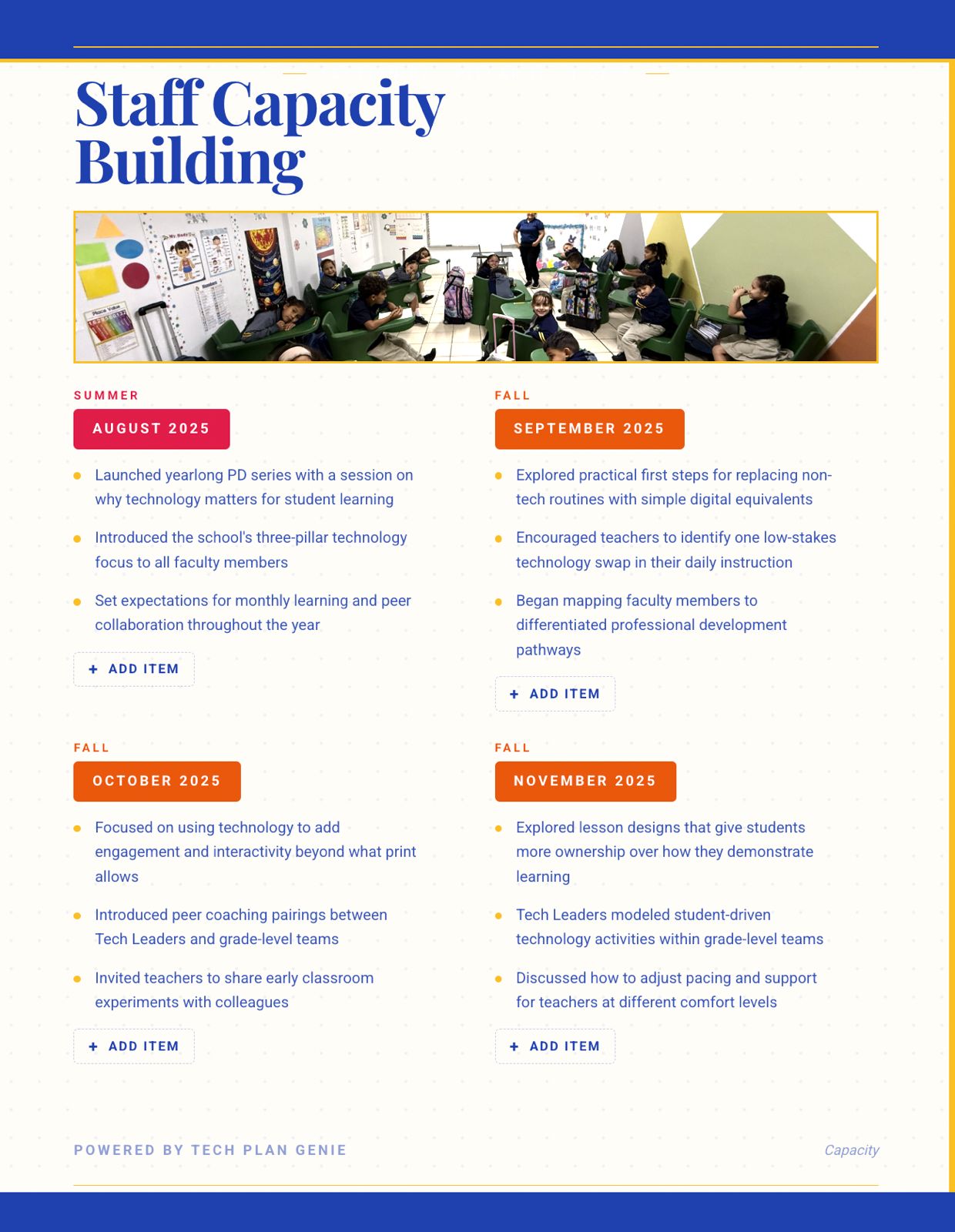 Staff Capacity Building interior spread showing a classroom photograph above a four-month professional development timeline.