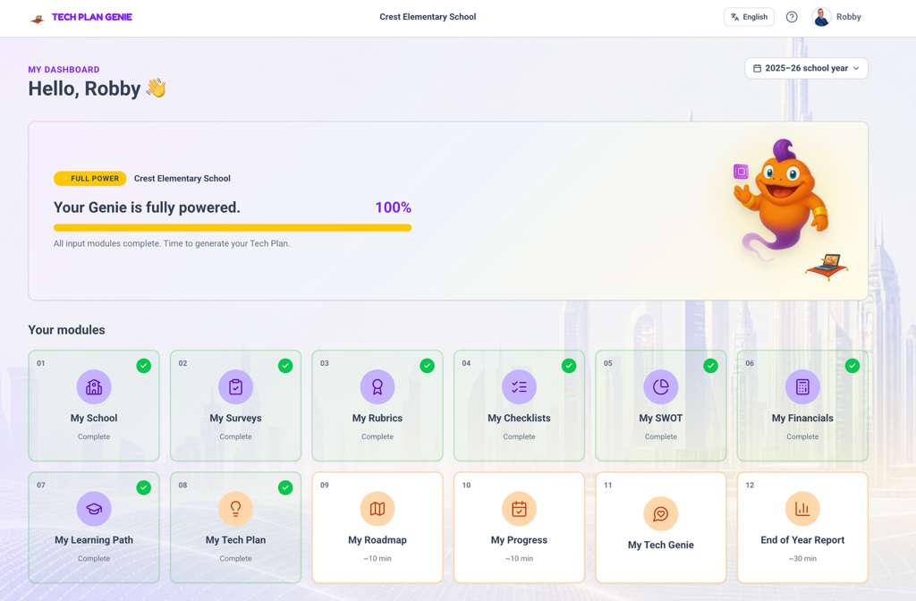 Tech Plan Genie dashboard showing all 12 modules and plan tracking interface